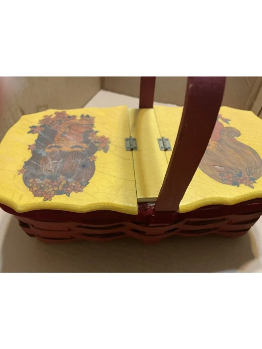 Sewing Basket Wood Decoupage Handbag / 1972-Vintage Wooden Handbag Lined Sew